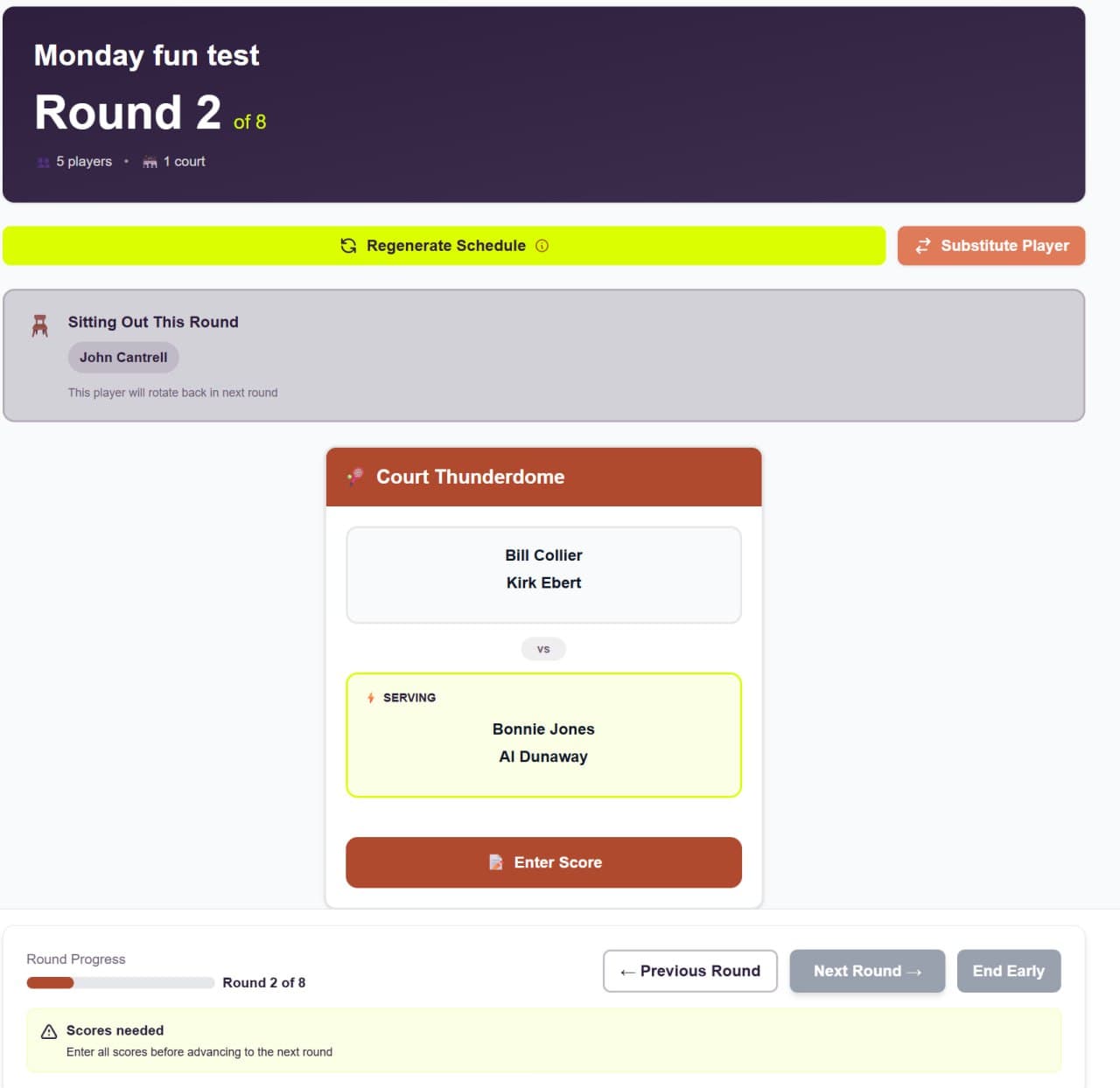 Live scoring screen showing active round with matchups